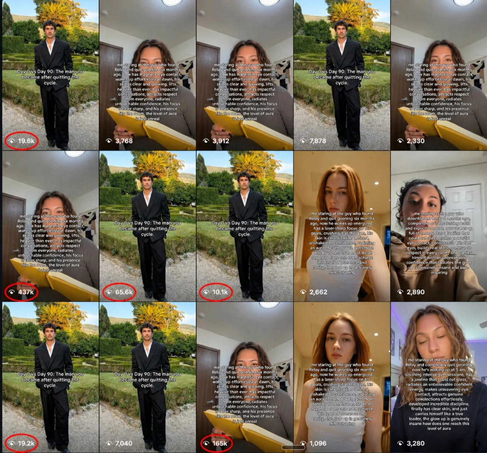 Grid of amplified short-form posts from a small set of source videos, with view counts on each